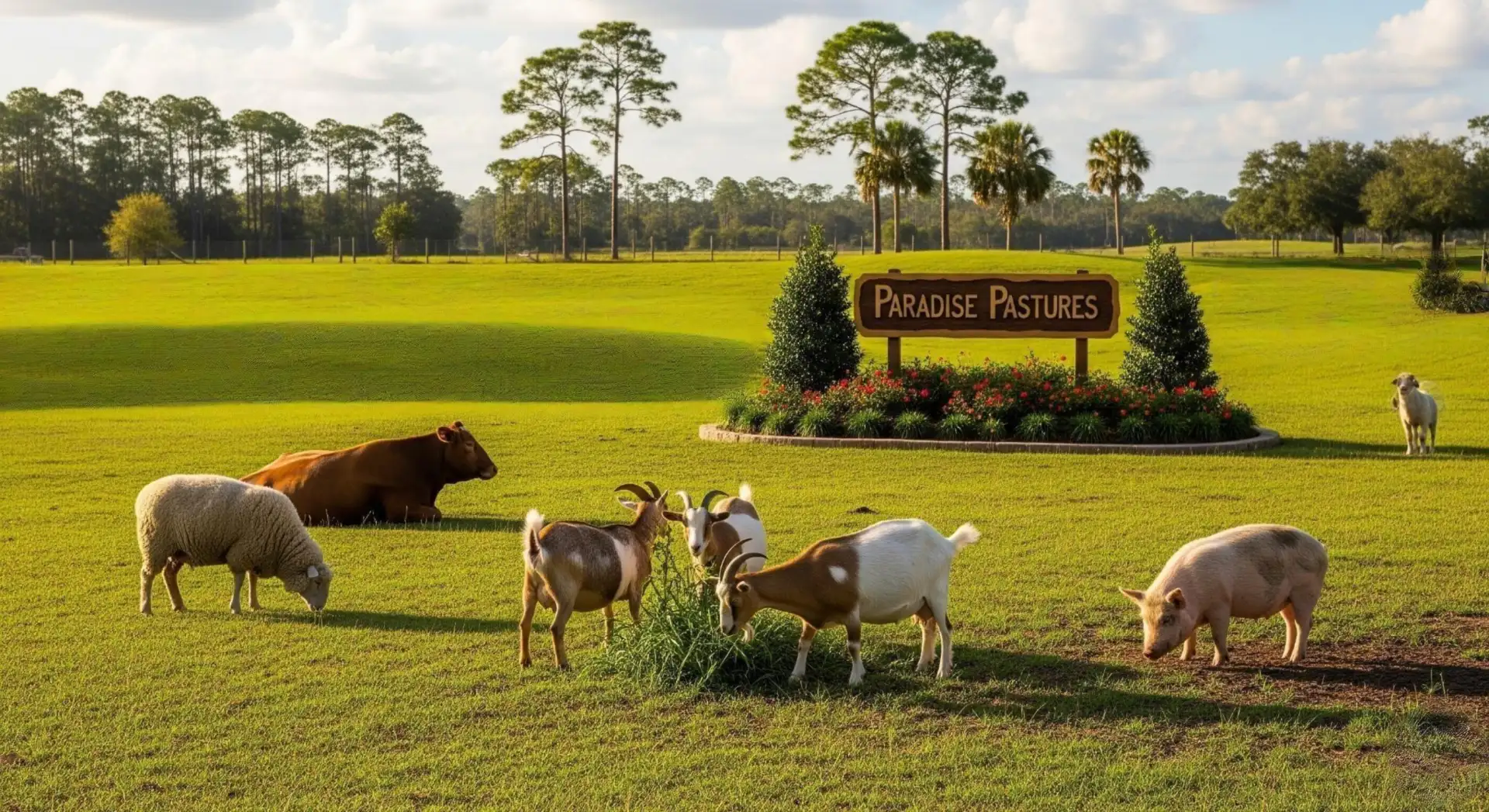 Paradise Pastures farm with rescued animals including sheep, goats, cow and pig grazing in peaceful green fields with prominent wooden sign
